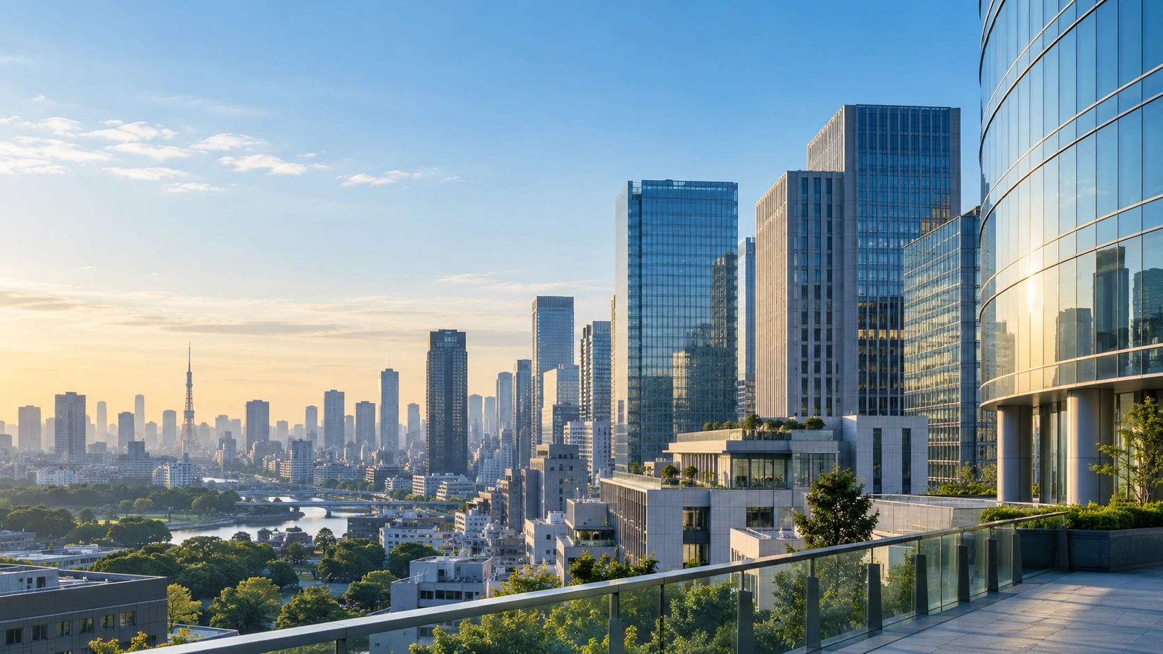 朝の光が差し込む都市のイメージ